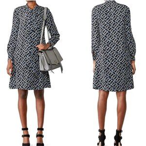 LK Bennett Dress Women 4 Black Blue Silk Domino Tie Neck Lotte Mini‎ Shirt Dress